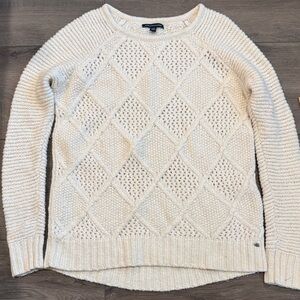 American Eagle Outfitters Cream Open-Knit Diamond Crewneck Sweater